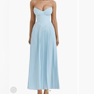 House of CB Light Blue Strapless Pleated Midi Dress